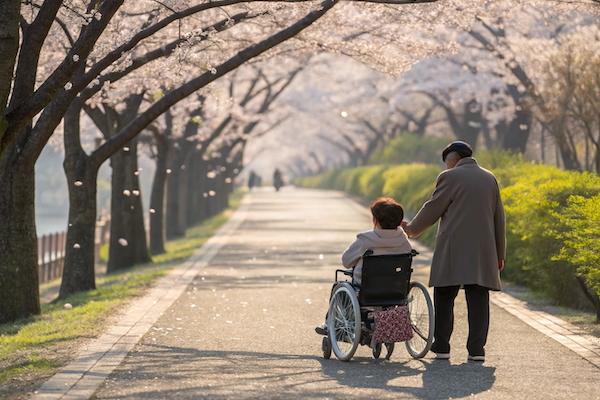 桜並木を進む車いすご利用者